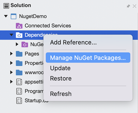 此屏幕截图是“添加新NuGet包上下文操作”。