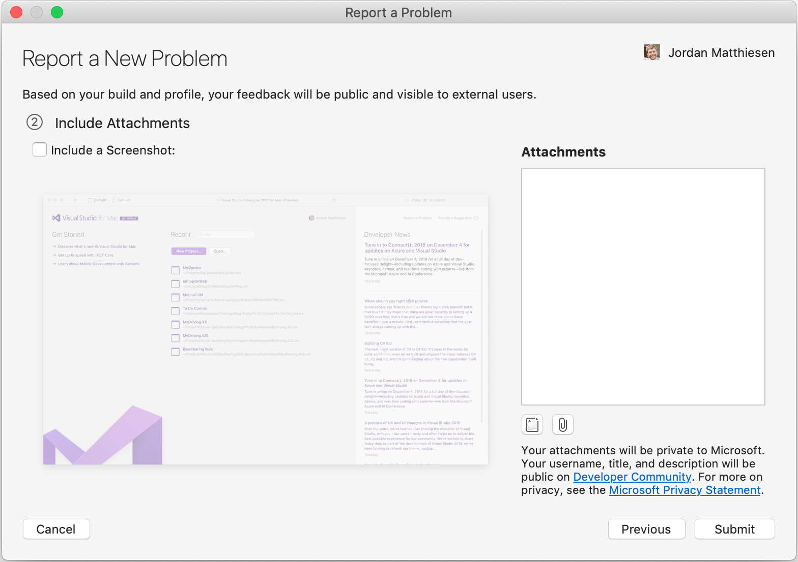 将屏幕截图附加到 Visual Studio for Mac 问题报告