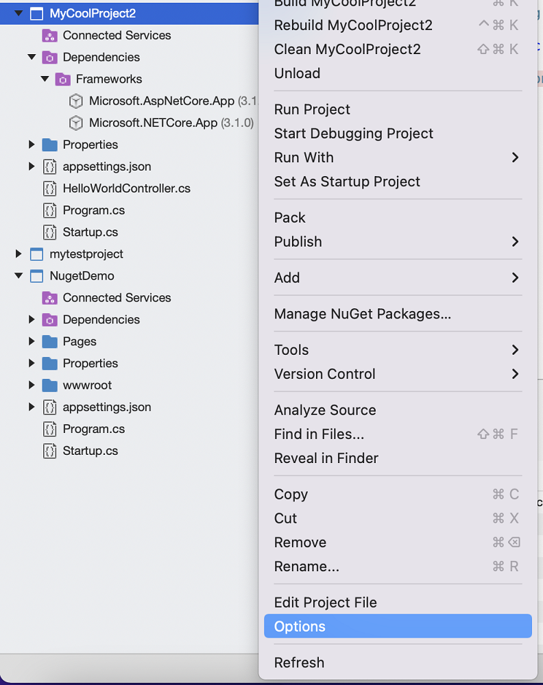 Project快捷菜单，其中选择了“选项”，以使用 Visual Studio for Mac 更新开始配置。