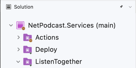 A screenshot of the solution window showing a solution named NetPodcast.Services with a branch name of main in parentheses.