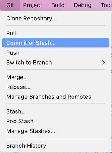 Screenshot of the Git menu in Visual Studio for Mac, showing options for Clone Repository, Pull, Commit or Stash, Push, Switch to branch, Merge, Rebase, Manage branches and remotes, Stash, pop stash, manage stashes, and branch history.