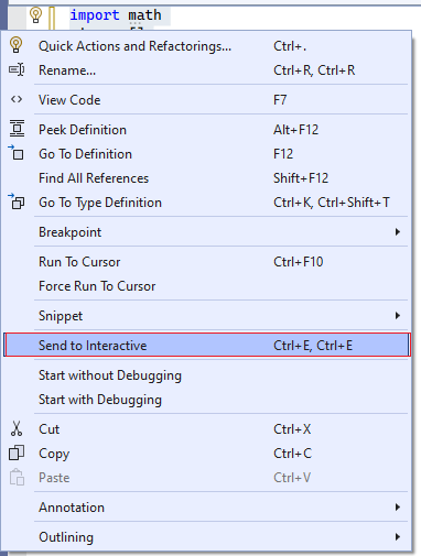 显示如何在 Visual Studio 中使用“发送到交互窗口”菜单选项的屏幕截图。