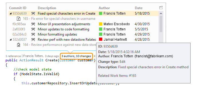 The Authors and Changes indicator for a C# file