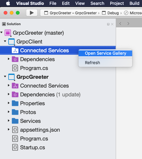 Opening the Connected Service Gallery in Visual Studio for Mac