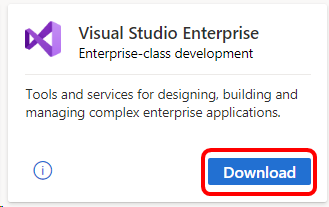 Visual Studio Enterprise 磁贴和随附的“下载”按钮的屏幕截图。