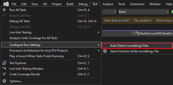 Visual Studio 中的自动检测 runsettings 文件菜单