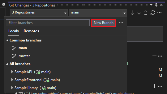 Visual Studio 中的“新建分支”按钮的屏幕截图。
