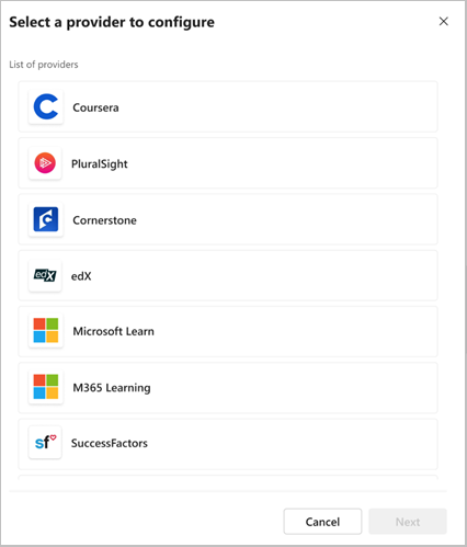 Microsoft 365 管理中心中的学习面板显示内容源选项。