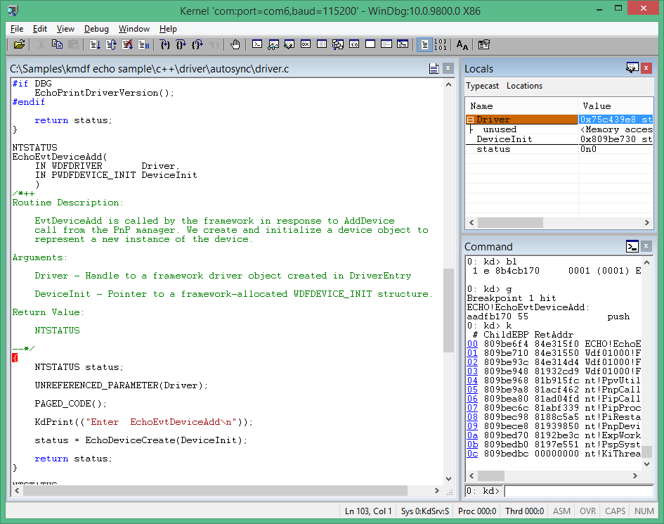 WinDbg 的屏幕截图，其中显示了示例代码局部变量和命令窗口。
