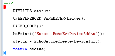 代码窗口的屏幕截图，其中大括号字符突出显示了 AddDevice 例程的开头。