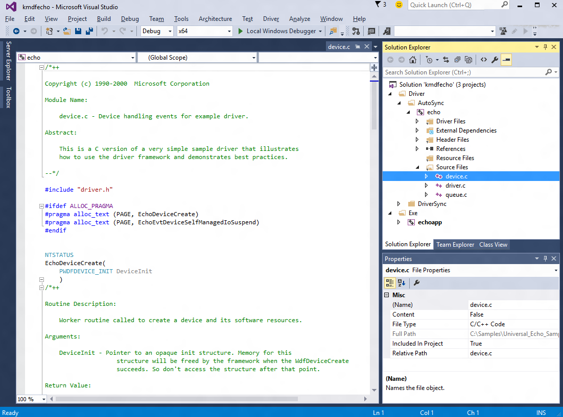 Visual Studio 的屏幕截图，其中显示了从 kmdfecho 项目加载的 device.c 文件。