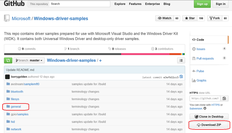 GitHub windows-driver-samples 页面的屏幕截图，其中突出显示了常规文件夹和下载 zip 按钮。