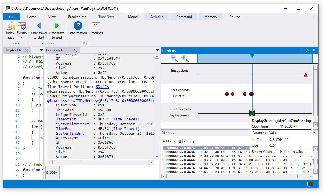 Screenshot of WinDbg with Time Travel Debugging command and three timelines.