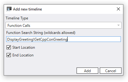 添加新的“时间线”对话框，显示新增函数调用时间线，函数搜索字符串为 DisplayGreeting!GetCppConGreeting。