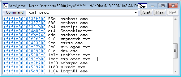 显示进程列表的 !dml_proc 输出的屏幕截图。