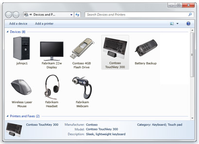 Windows 7 中“设备和打印机”文件夹的屏幕截图。