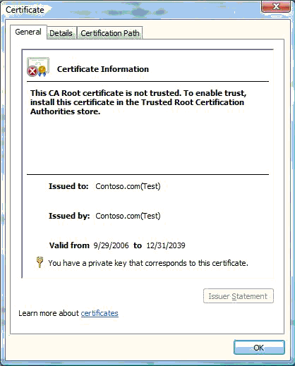 显示 contoso.com (测试) 证书详细信息的证书窗口的屏幕截图。