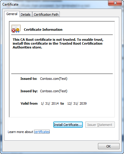 screen shot showing general information about the certificate.