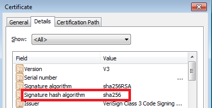 screen shot showing the signature's hash algorithm.