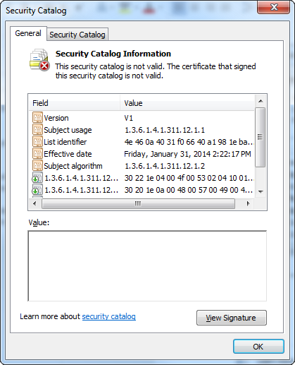 screen shot showing general information of the security catalog file.