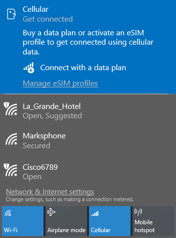 Screenshot of the network flyout with a 'Get connected' option.