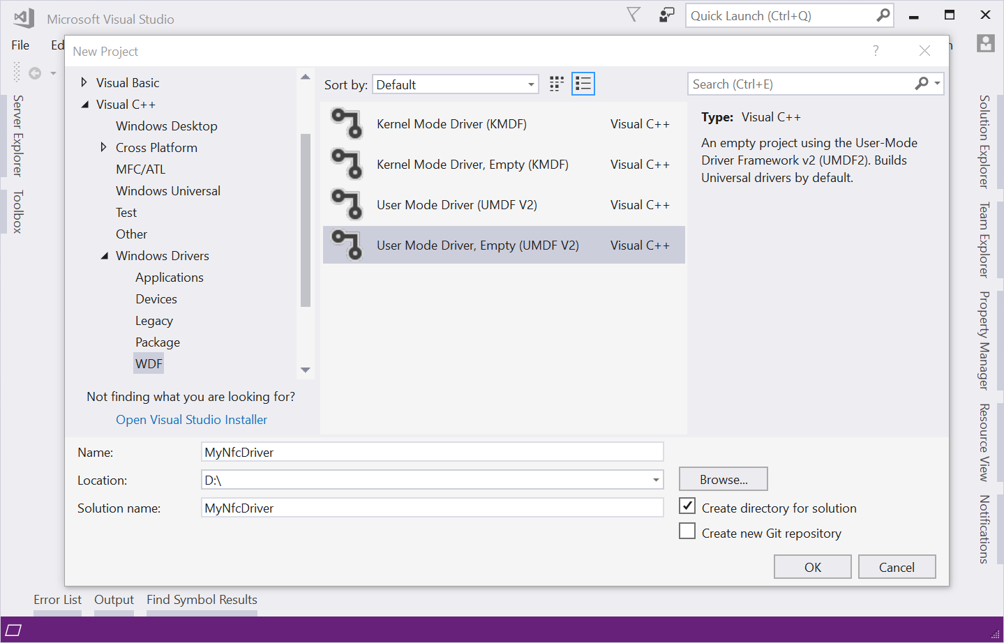 显示 Visual Studio“新建项目”对话框的屏幕截图，其中选择了“用户模式驱动程序，空 (UMDF V2) ”。
