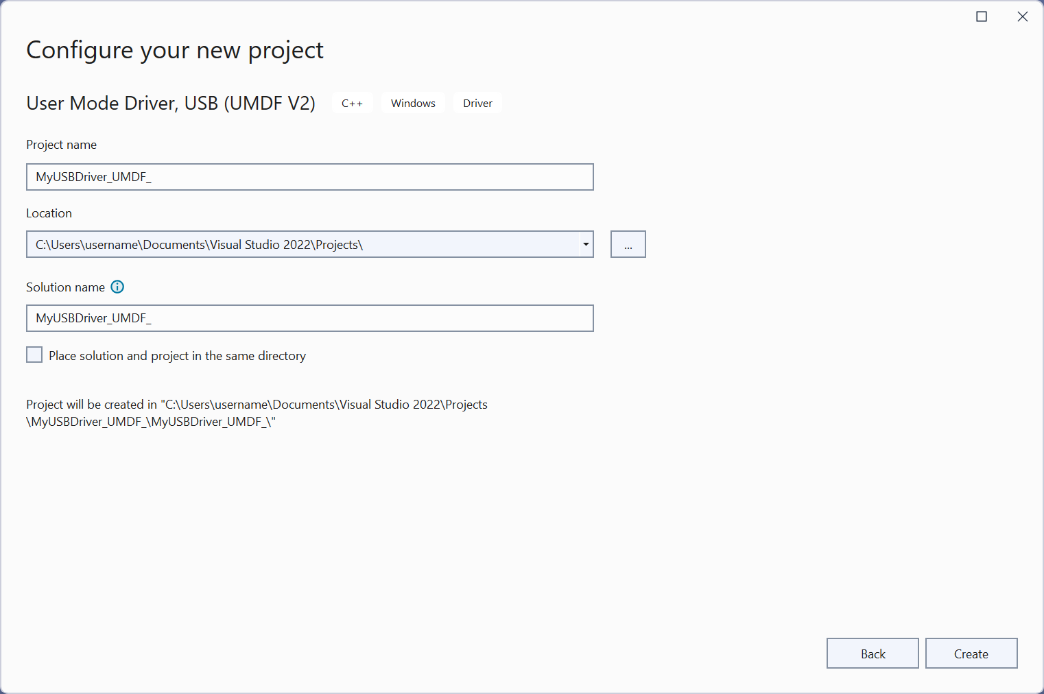 Visual Studio“创建项目配置”屏幕的屏幕截图。
