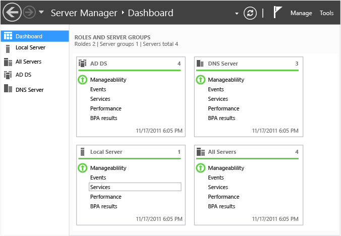 Screenshot that shows the Server Manager Dashboard.