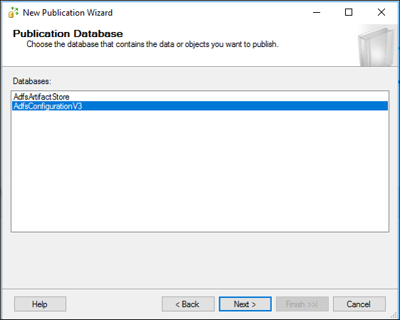Screenshot that shows where to choose AdfsConfigurationV3 as the publication database.