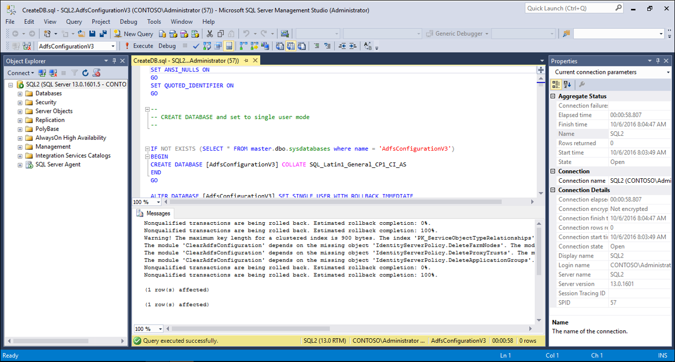 Screenshot that shows the open the CreateDB.sql script in SQL Management Studio.