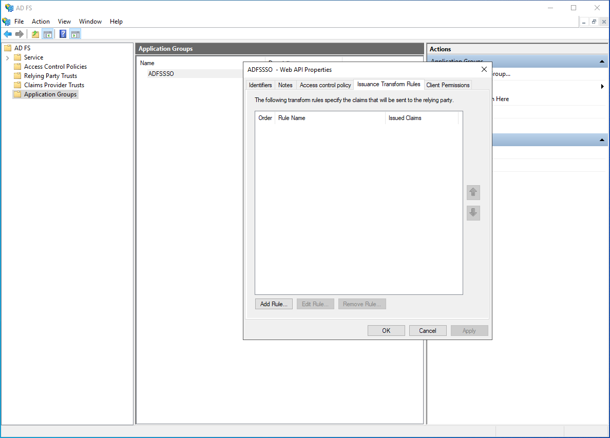 Screenshot of the A D F S S O Properties dialog box Showing the Issuance Transform Rules tab.