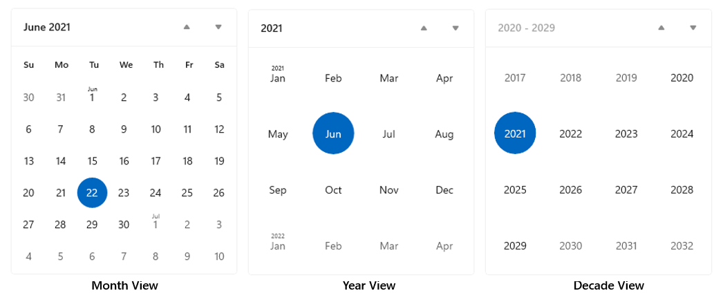 Screenshot of three Calendar Views showing a Month View, a Year View, and a Decade View.