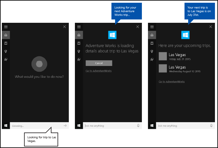 在后台使用 AdventureWorks 应用显示 Cortana 和基本查询的屏幕截图，其中包含进度和结果屏幕