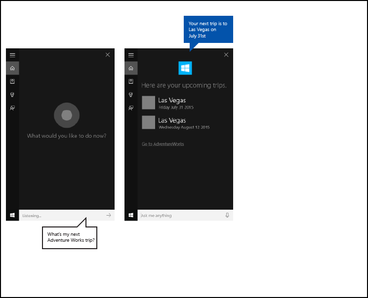 Cortana 的屏幕截图，其中包含在后台使用 AdventureWorks 应用的基本查询和结果屏幕