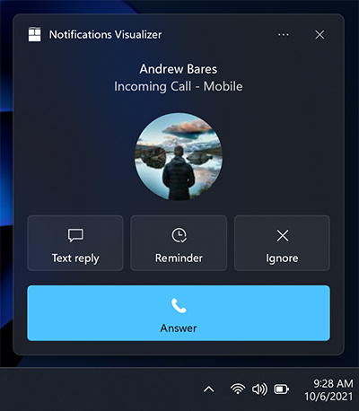 Incoming call toast notification