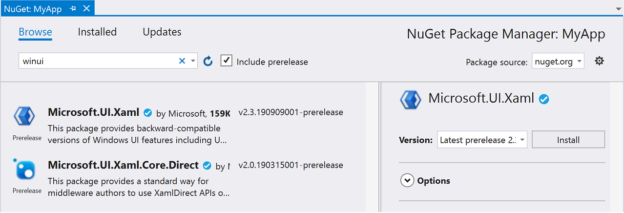 Screenshot of the NuGet Package Manager dialog box showing the Browse tab with winui in the search field and Include prerelease checked.