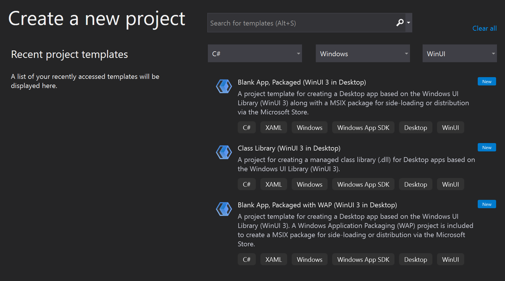 Screenshot of Create a new project wizard with the Blank App Packaged (Win UI in Desktop) option highlighted.