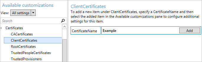 在 Windows 配置Designer中，输入证书的名称。