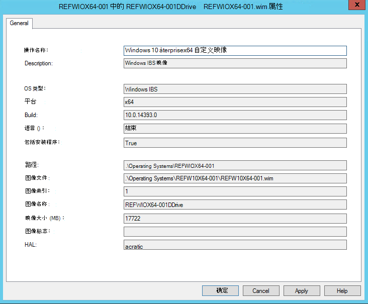 Screenshot of the Windows 10 Enterprise x64 Custom Image dialog window.