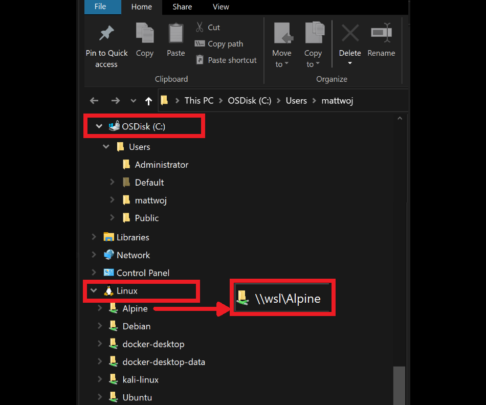 Screenshot of WSL drive in Windows File Explorer