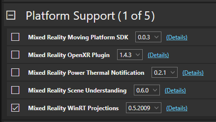 A listing of the Mixed Reality WinRT Projections package under the Platform Support header in the Mixed Reality Feature Tool.