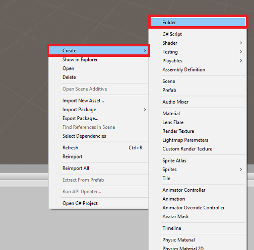 Screenshot of the asset folder menu. The create menu is open and folder is selected.