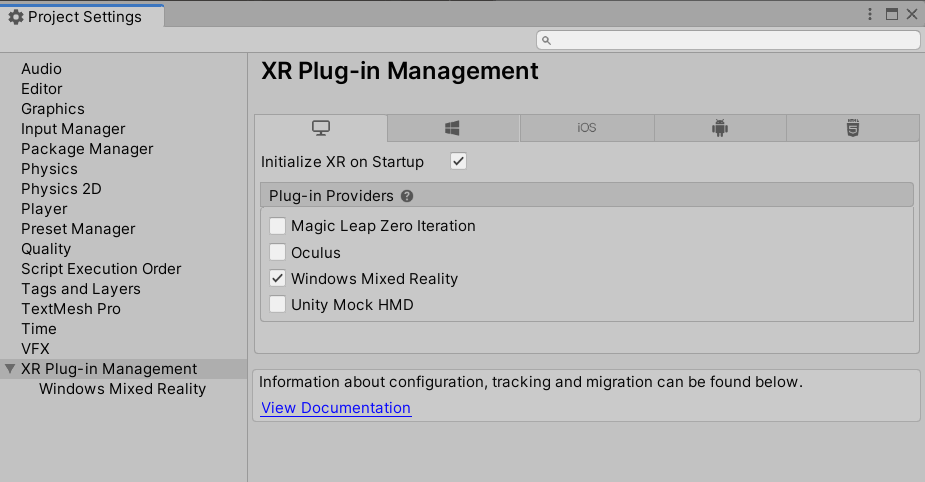 XR Plugin management with Standalone tab selected