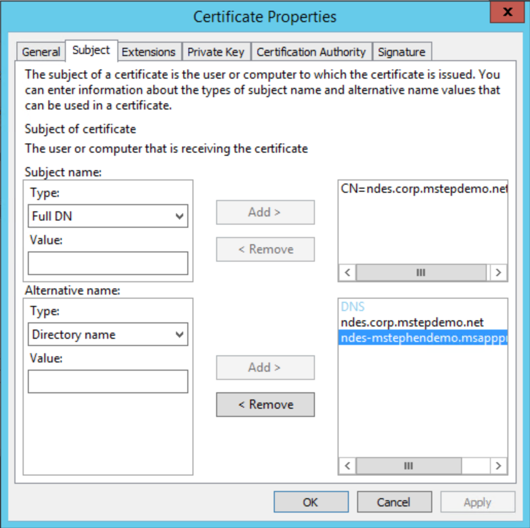“证书属性使用者”选项卡的示例 - 单击上述链接时会显示此内容。