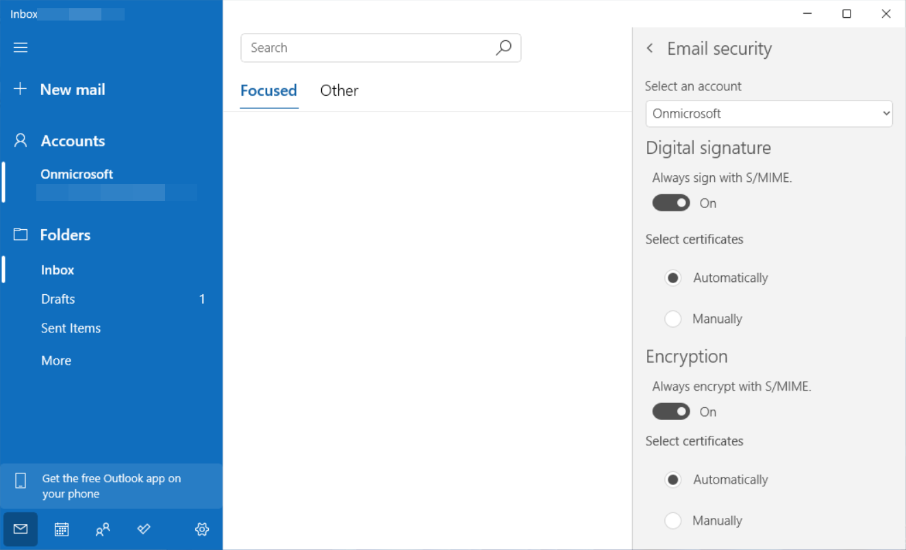 Windows 邮件应用的屏幕截图，安全设置。