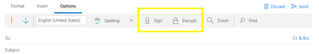 Windows 邮件应用的屏幕截图，其中显示了用于对邮件进行签名或加密的选项。
