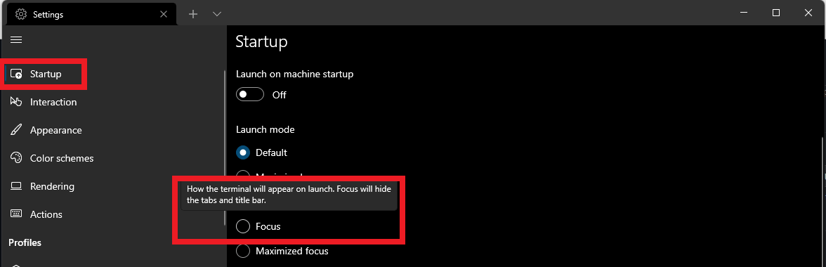 Focus mode selector in Windows Terminal Startup settings