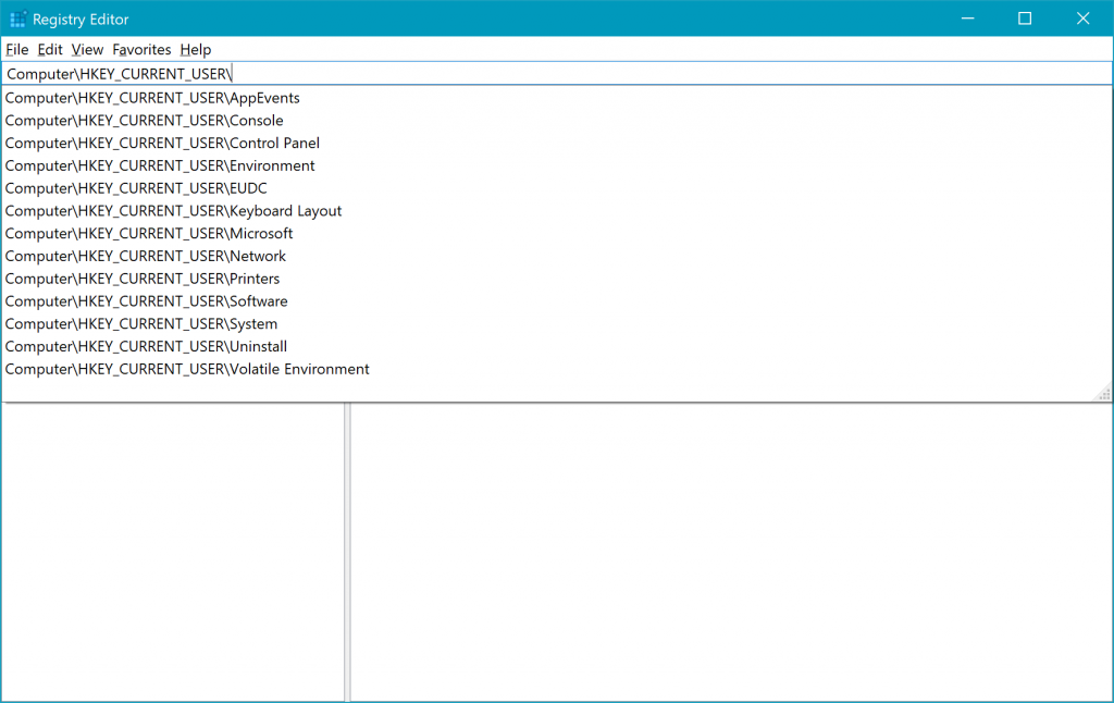 Windows 10中注册表编辑器的屏幕截图，其中显示了路径完成列表。