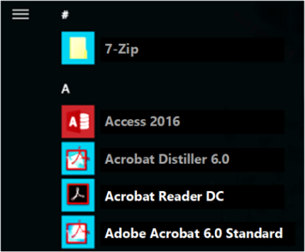Some application names appear dimmed in the Start menu