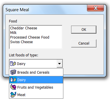 screen shot showing a dialog box with a list box and an expanded drop-down list box showing an icon and label for each item